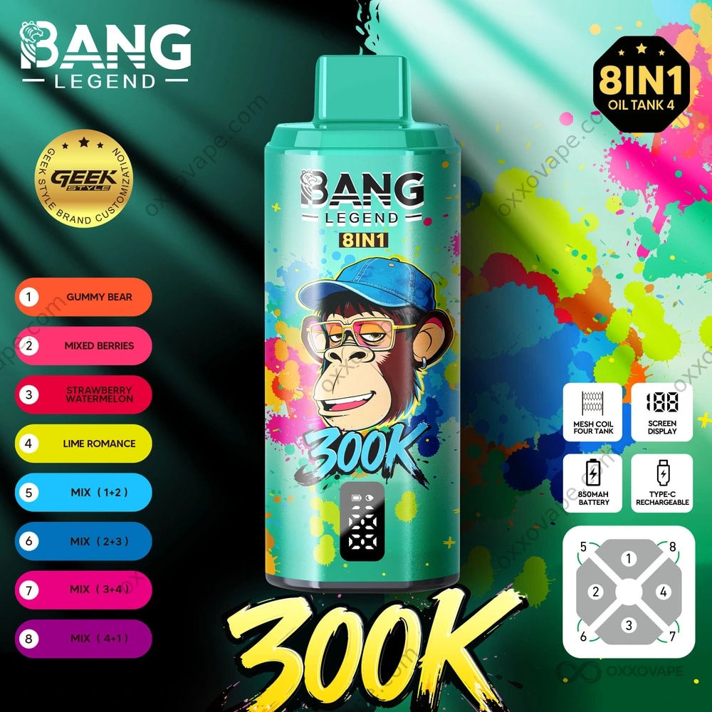 legend disposable vape Bang 300000 300K Puffs | 8-in-1 Flavor Switching & Mesh Coil | Rechargeable 850mAh Screen Display Vape Product Type_Pod Device Flavor:Fire & Ice Foger Switch Pro Pods