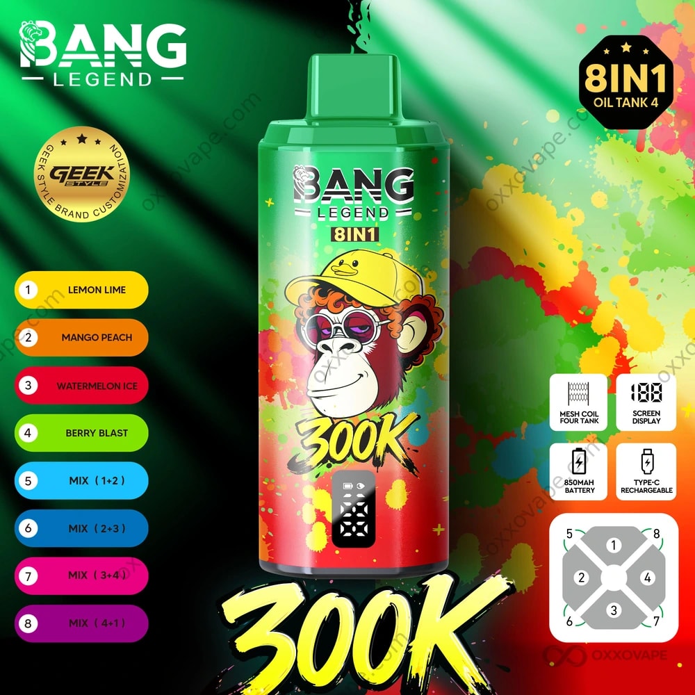 rechargeable vapes flavors Bang Legend 300000 300K Puffs Disposable Vape | 8-in-1 Flavor Switching & Mesh Coil | 850mAh Screen Display Vape Kit-VS-Export Flavor:Sunshine Cherry The Best 20700 Vape