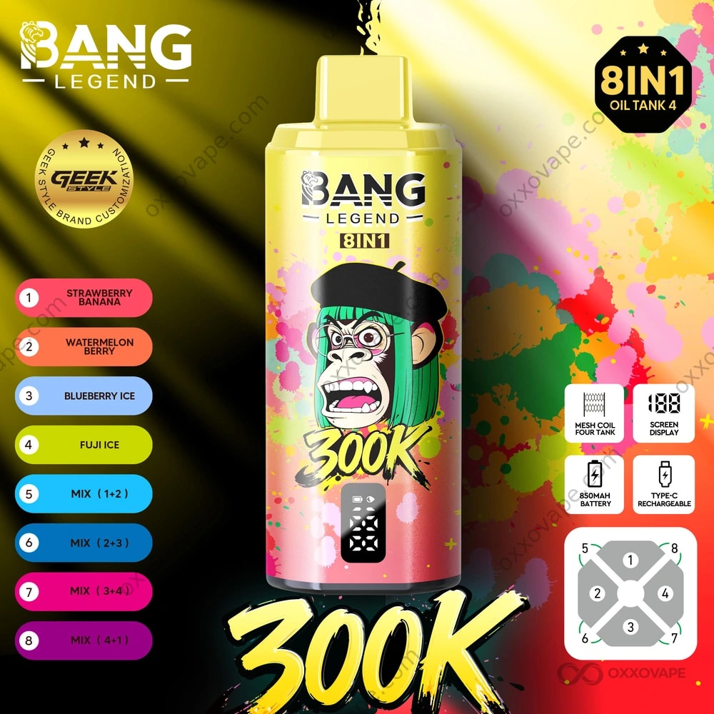 bang vape disposable Legend 300000 300K Puffs | 8-in-1 Flavor Switching & Mesh Coil | Rechargeable 850mAh Screen Display Vape Wood Flavor:Black Menthol Strawberry Burst | Pod