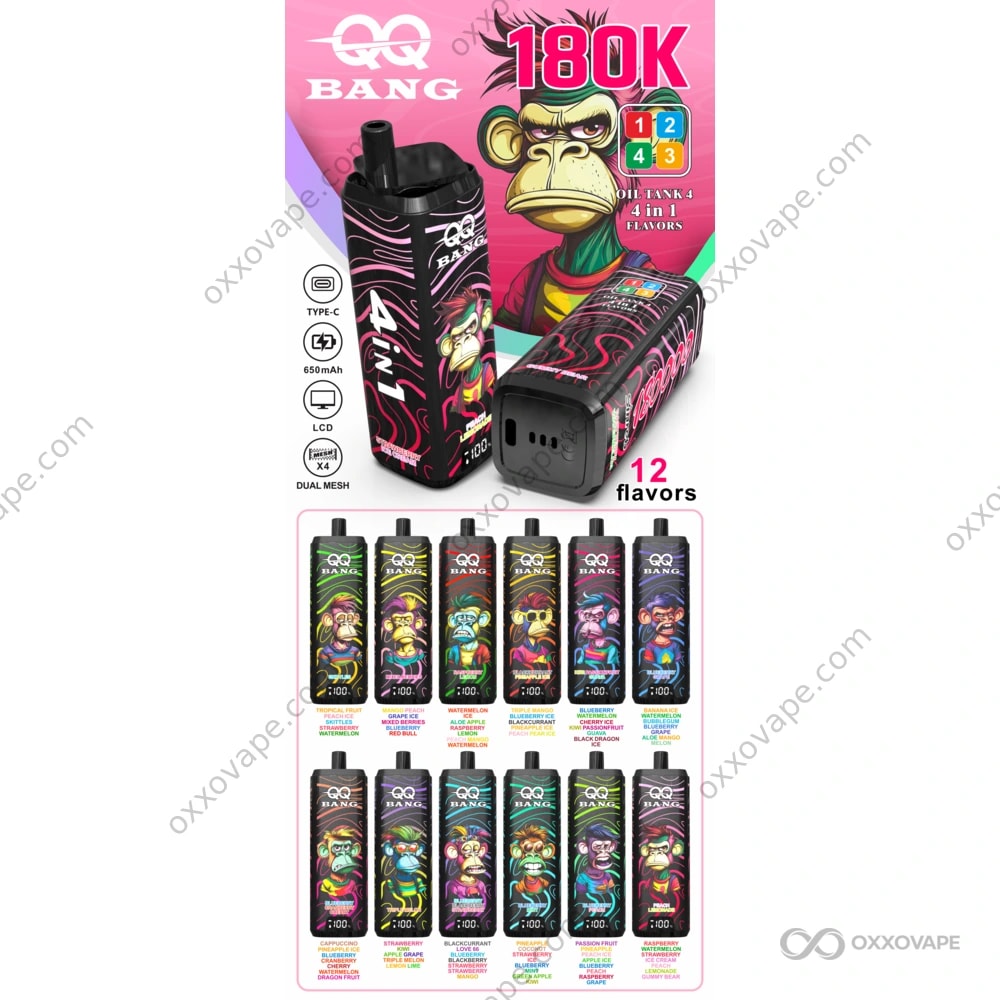 vape images and price Bang QQBANG 180000 180K Puffs Disposable | 4-in-1 Flavor Switching & Quad Mesh Coil | LCD Screen Rechargeable Flavor:Hawaiin Punch Sour Watermelon Peach RAZ FLUM FLOAT PEACH ICE