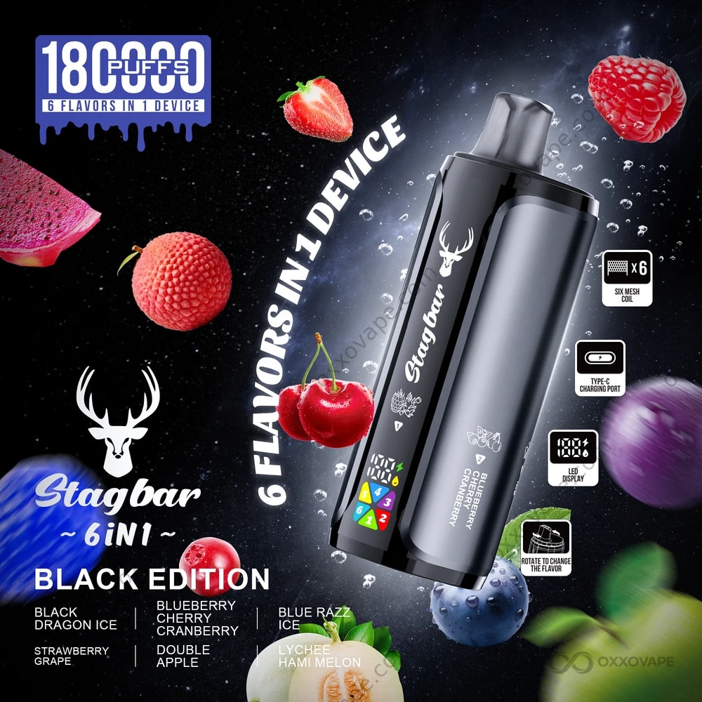 Stag Bar 180000 Black Edition — Black Dragon Ice Myrtille Cerise Canneberge Double Pomme Litchi Hami Melon