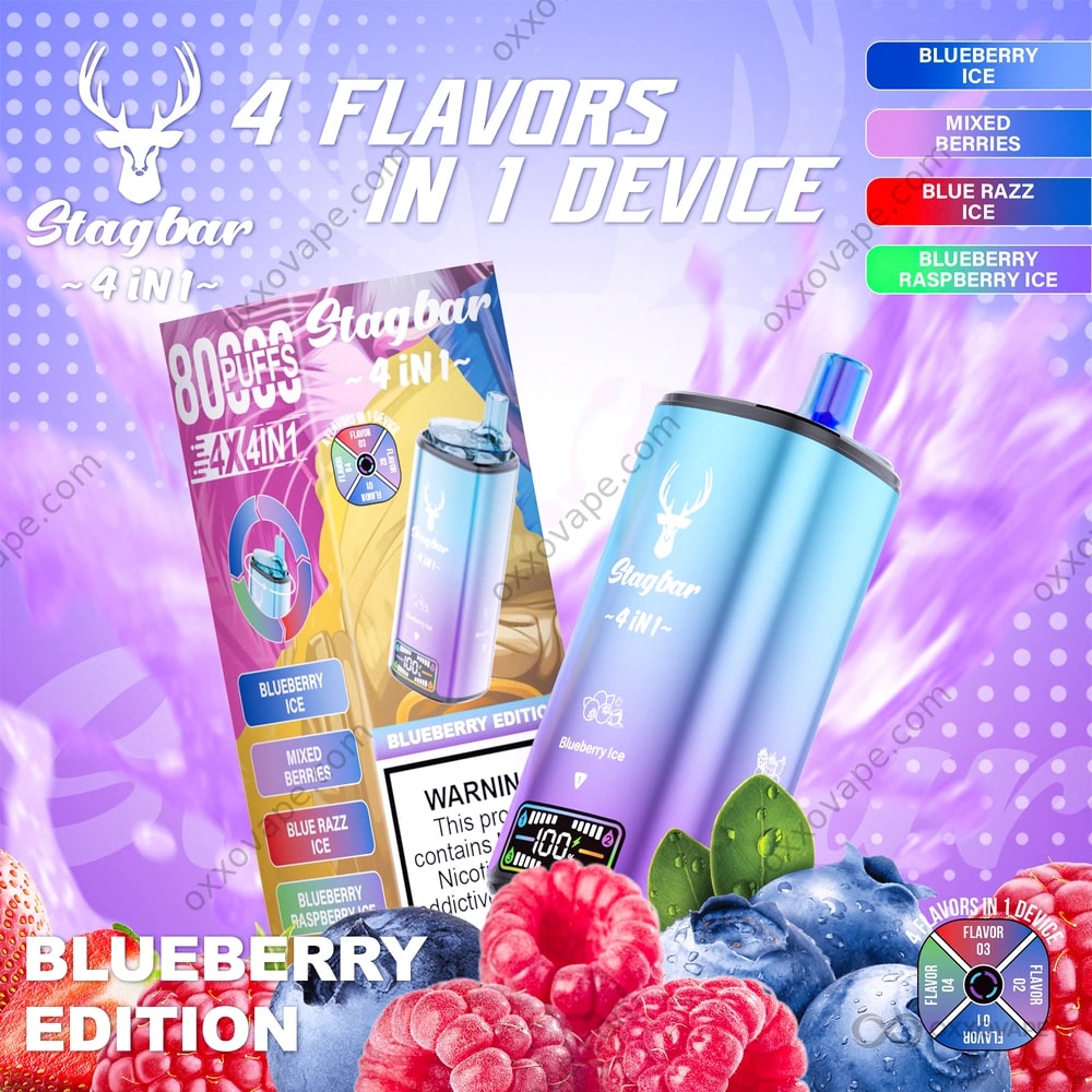 Stag Bar 80000 Baies mélangées de glace aux myrtilles Blue Razz Ice Glace aux myrtilles et à la framboise Vape jetable 4 en 1