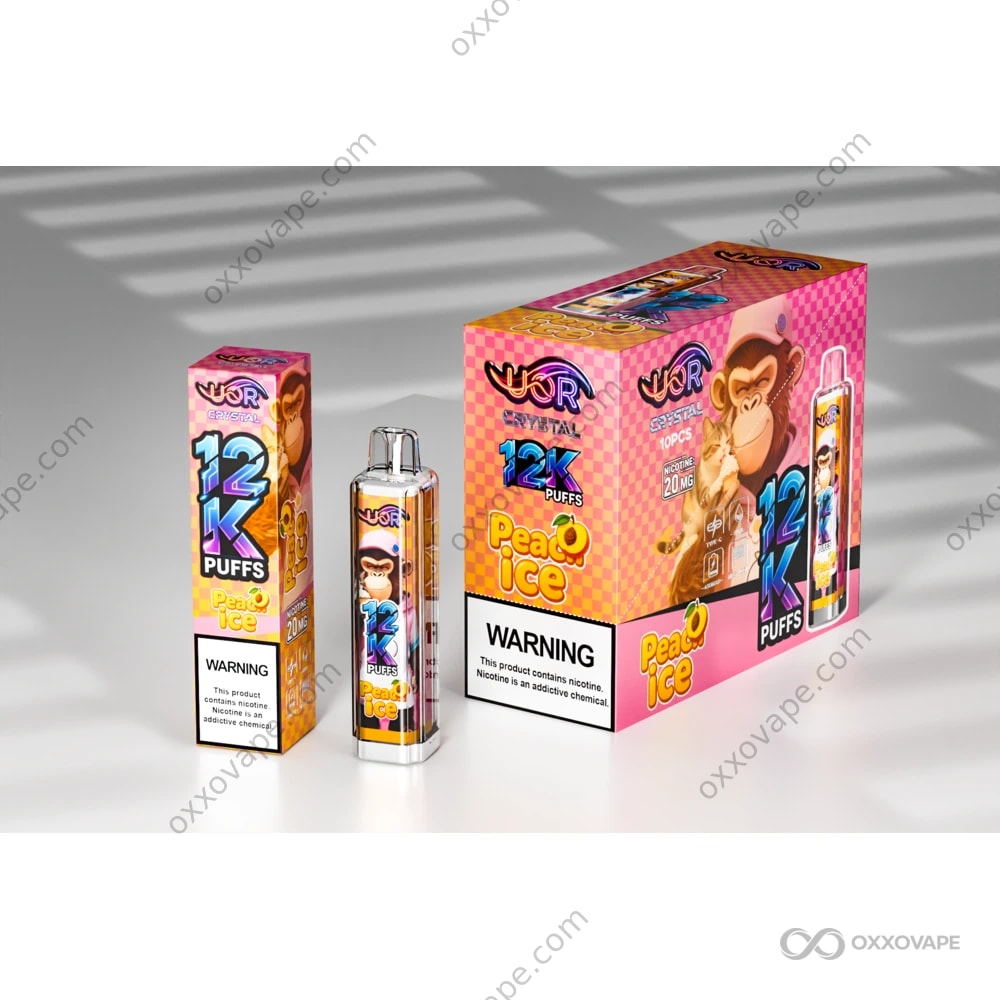 UOR Crystal 12000 Peach Ice refreshing disposable vape with menthol finish