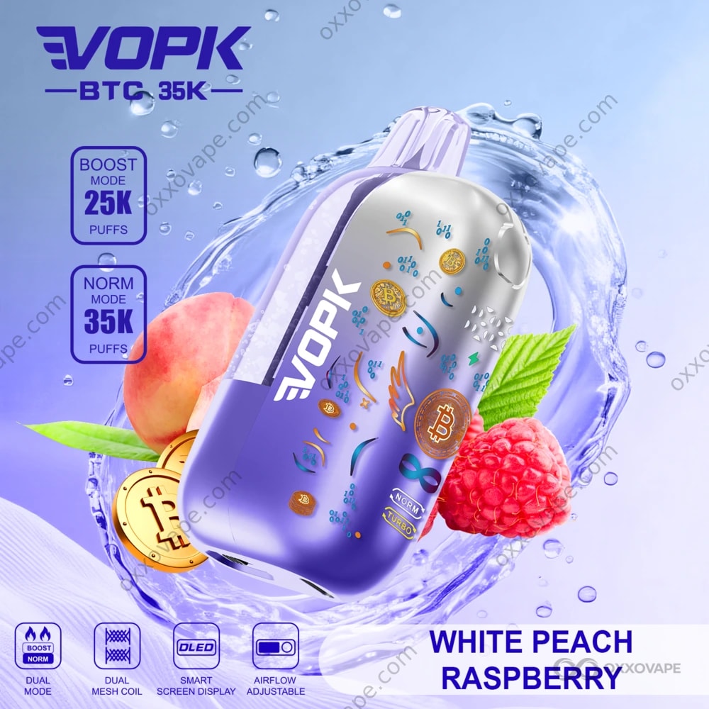 Vopk BTC 35000 White Peach Raspberry flavor disposable vape 35000 puffs