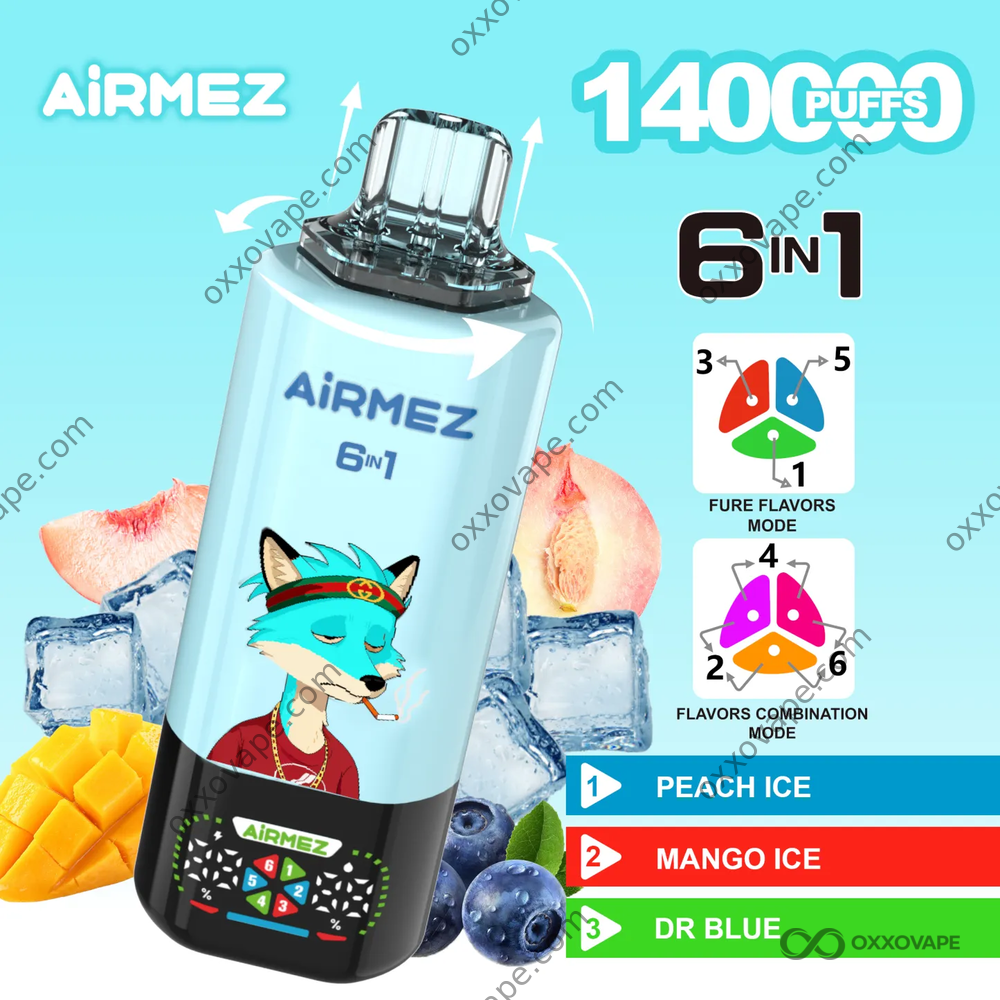 Airmez Fox 140000 Peach Ice Mango Ice Dr Blue Flavor Combination Disposable Vape