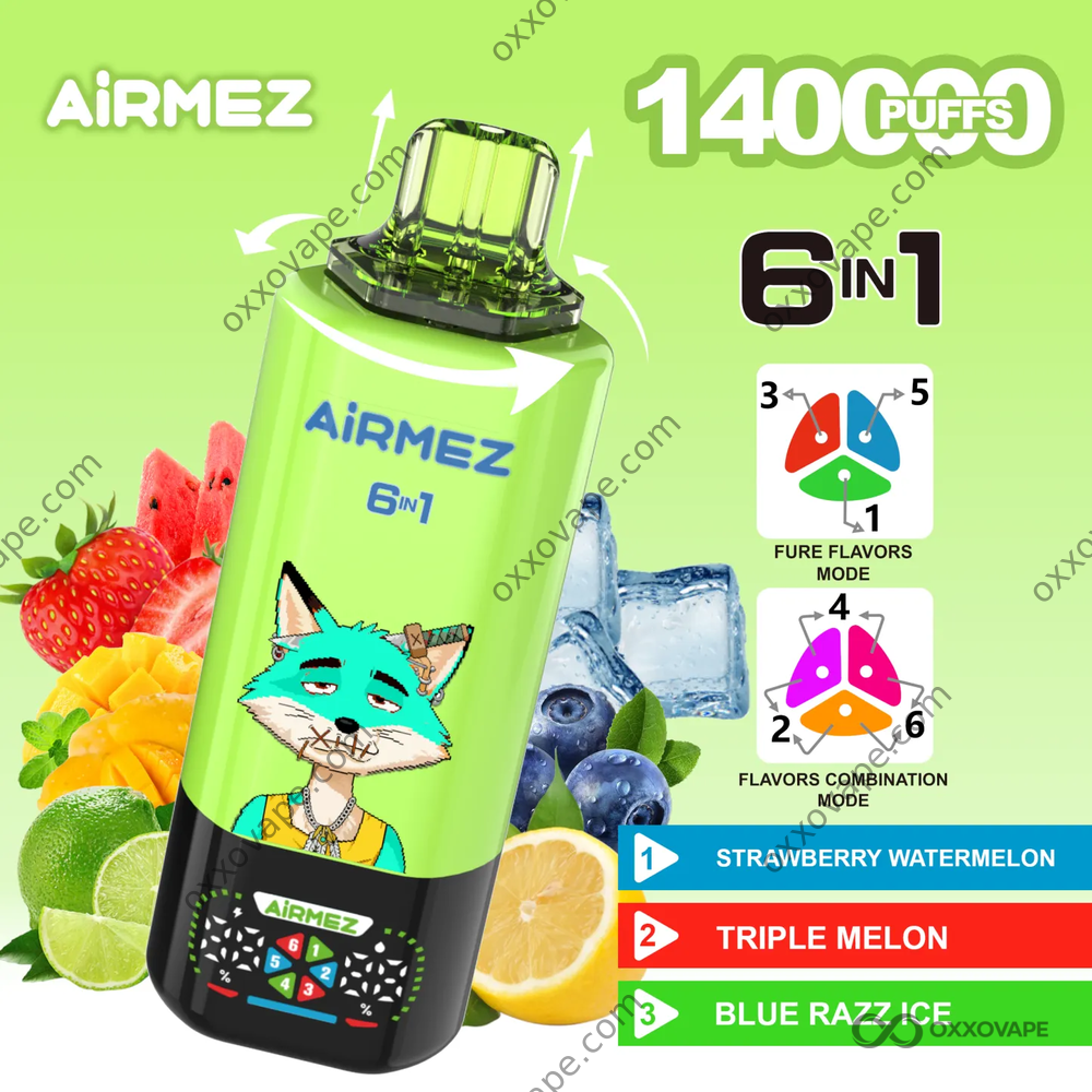 Airmez Fox 140000 Strawberry Watermelon Triple Melon Blue Razz Ice Flavor Combination