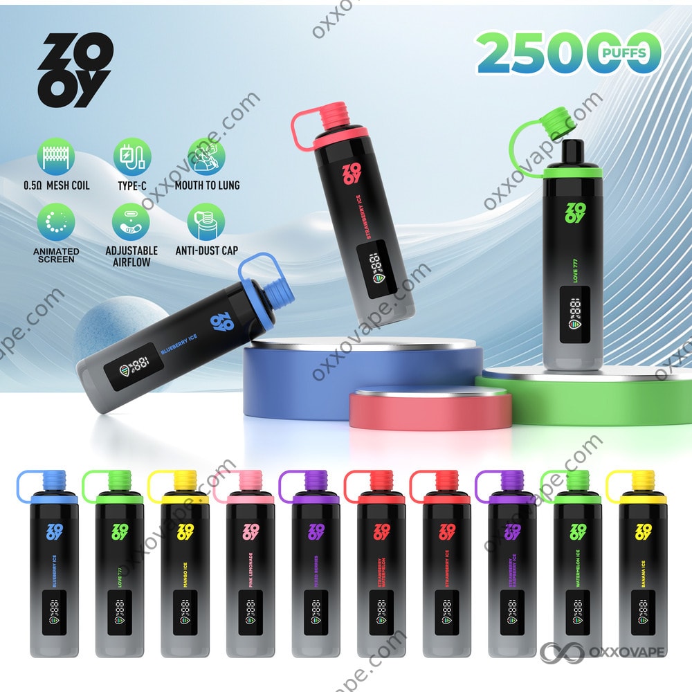 ZOOY Shisha 25000 25K Puffs Disposable Vape full flavor lineup with animated screen and anti-dust cap — EU Warehouse