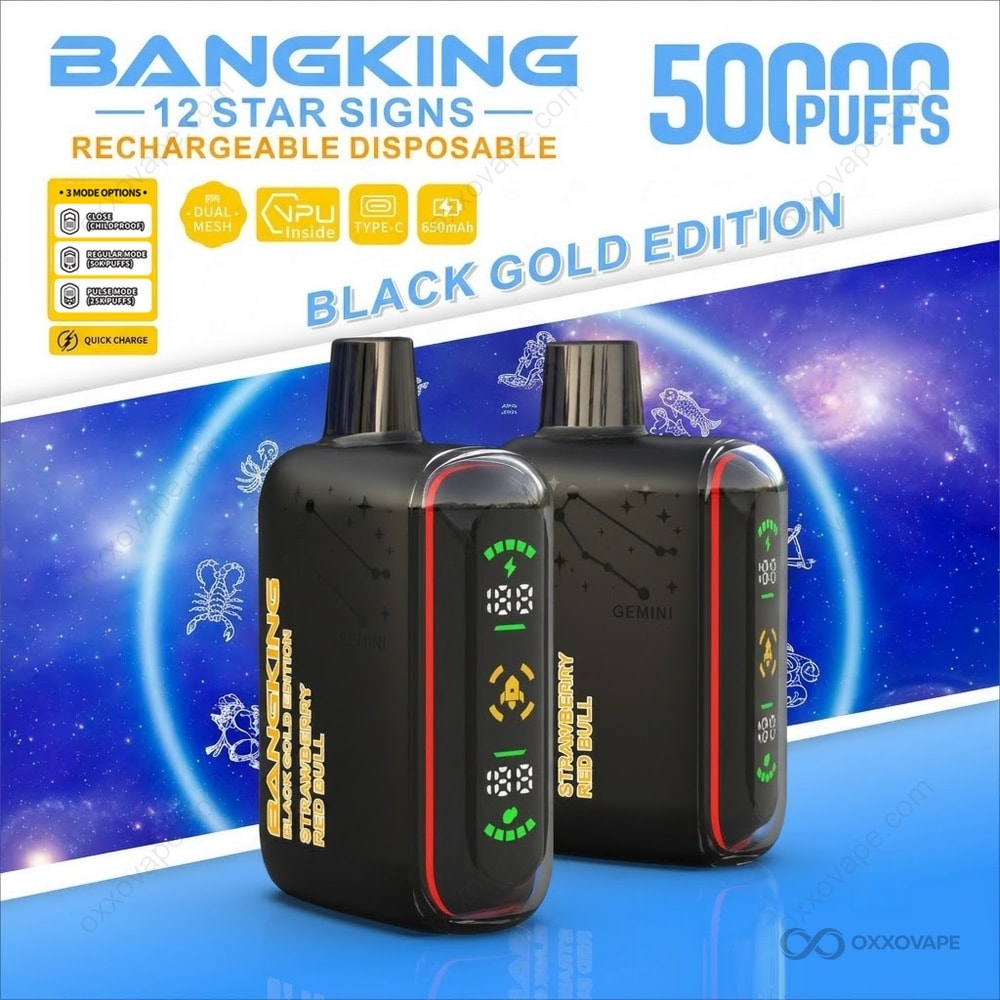 Bang King 12 Star Signs Black Gold Edition 50K Puffs — Strawberry Red Bull Flavor