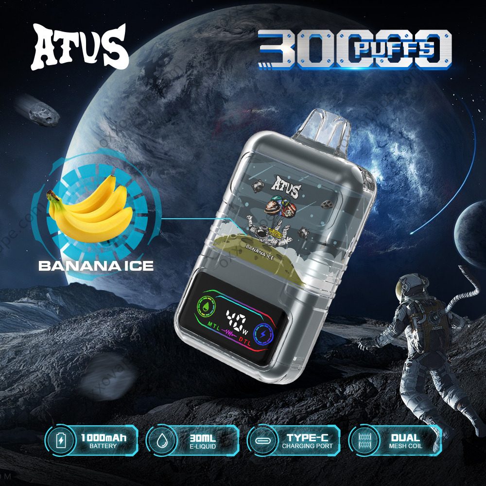 Banana Ice flavor box for ATVS 30000 vape with pale yellow creamy fruit design