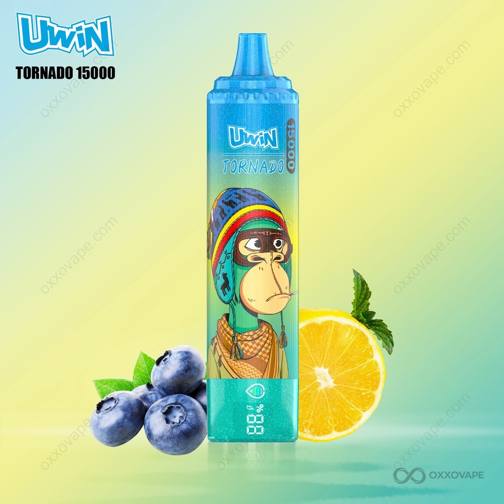 Blue Razz Lemonade flavor box for Uwin Tornado 15000 with blue raspberry and lemon slice artwork