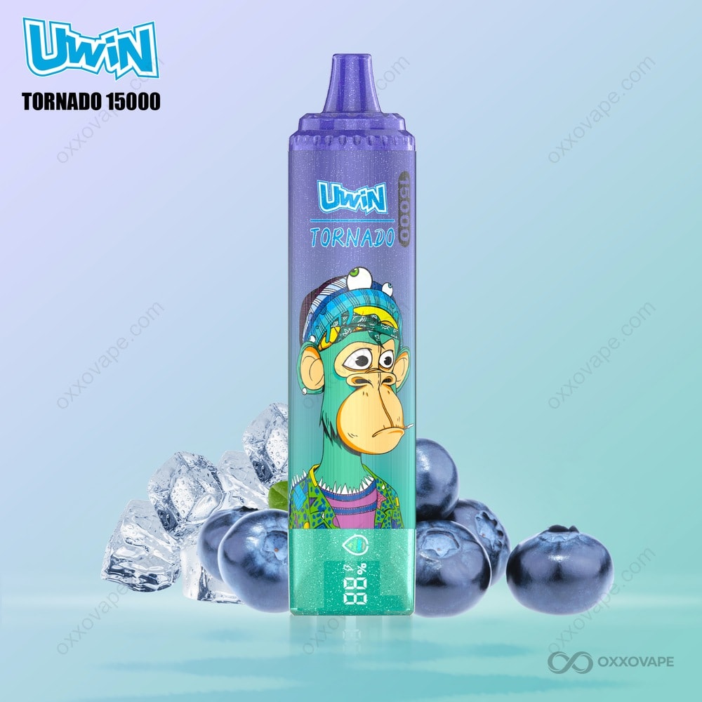 Blueberry On Ice flavor packaging for Uwin Tornado 15000 showing frosted blueberry cluster design