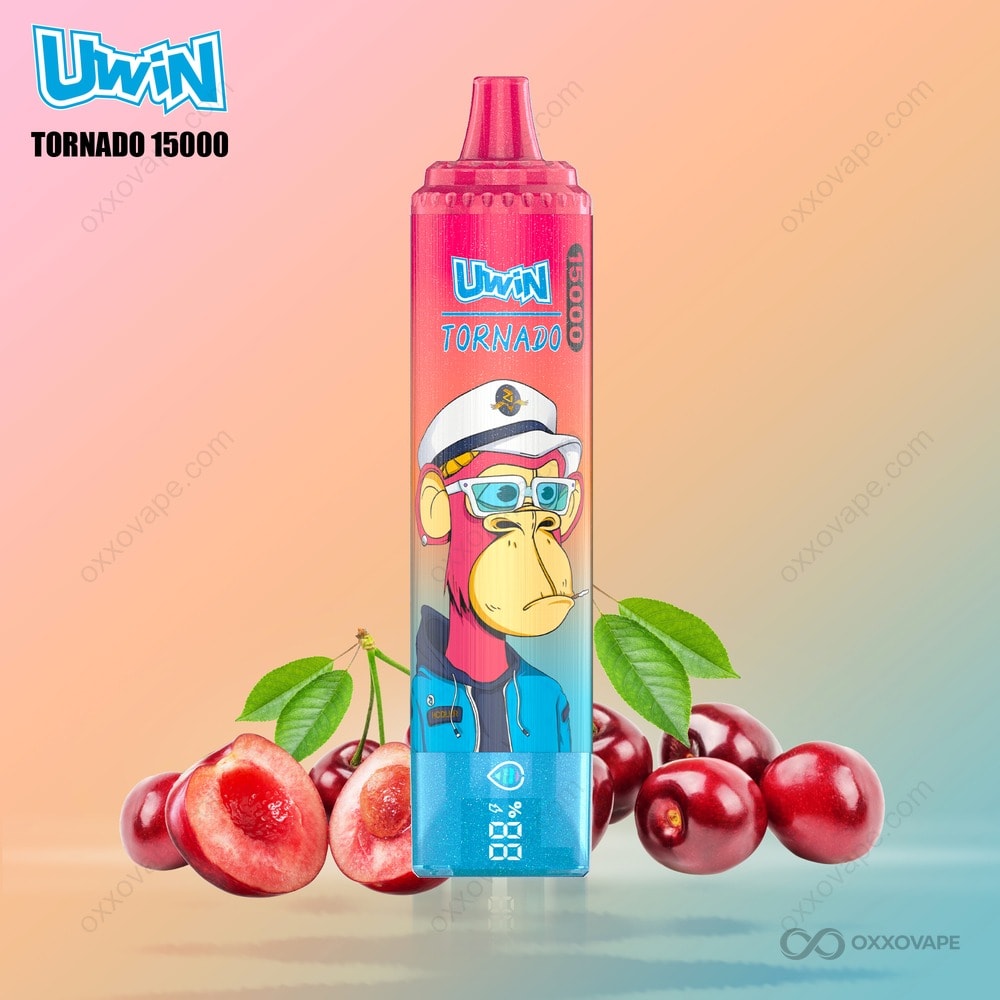 Cherry flavor packaging for Uwin Tornado 15000 with bold red cherry illustration