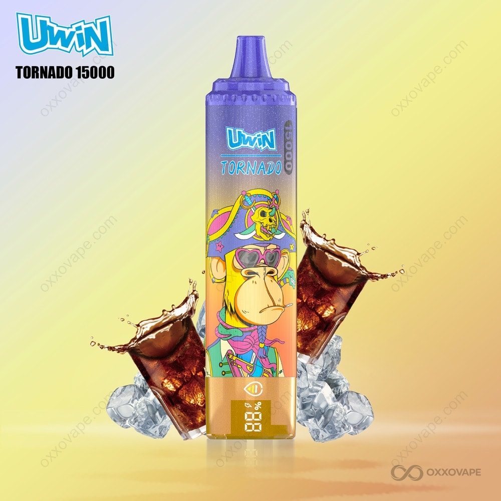 Cola Ice flavor box for Uwin Tornado 15000 with fizzy cola bottle and ice cube graphic