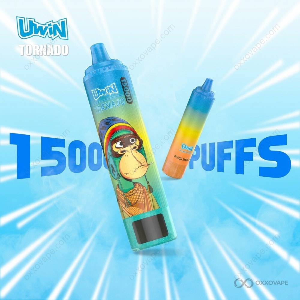Uwin Tornado 15000 disposable vape standing upright showing its Smart LED display and street-art device body