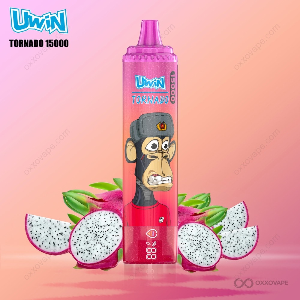 Dragon Fruit flavor packaging for Uwin Tornado 15000 with pink exotic fruit artwork