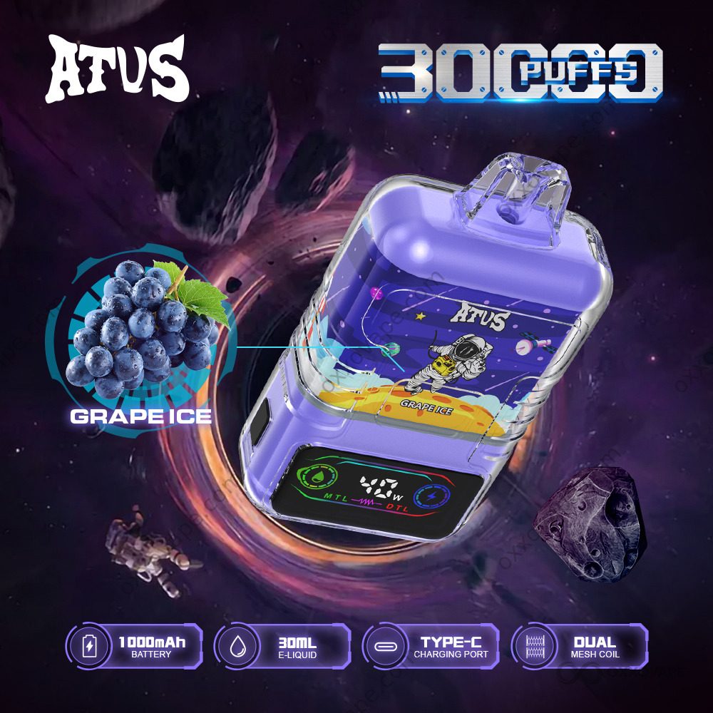 Grape Ice flavor box for ATVS 30000 disposable vape with deep purple grape cluster design