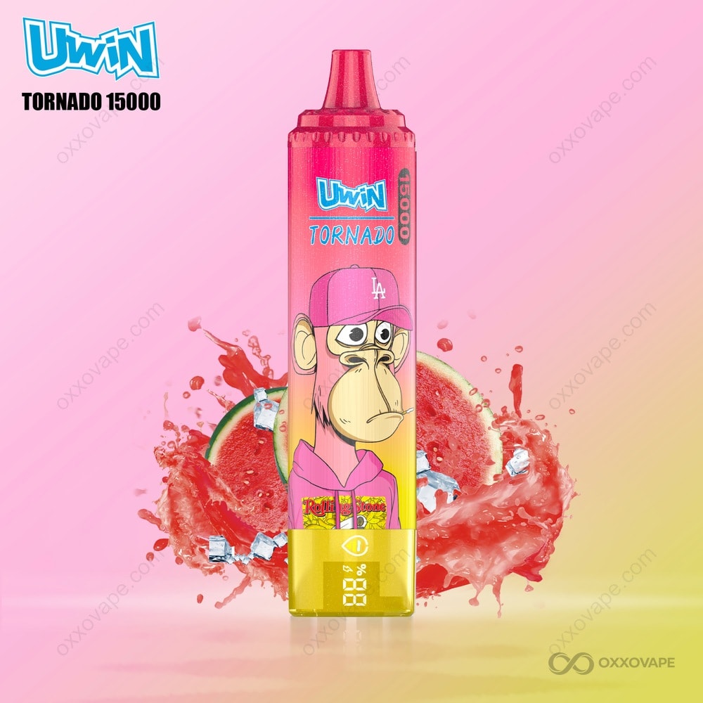 Lush Ice flavor packaging for Uwin Tornado 15000 with sliced watermelon and menthol leaf design