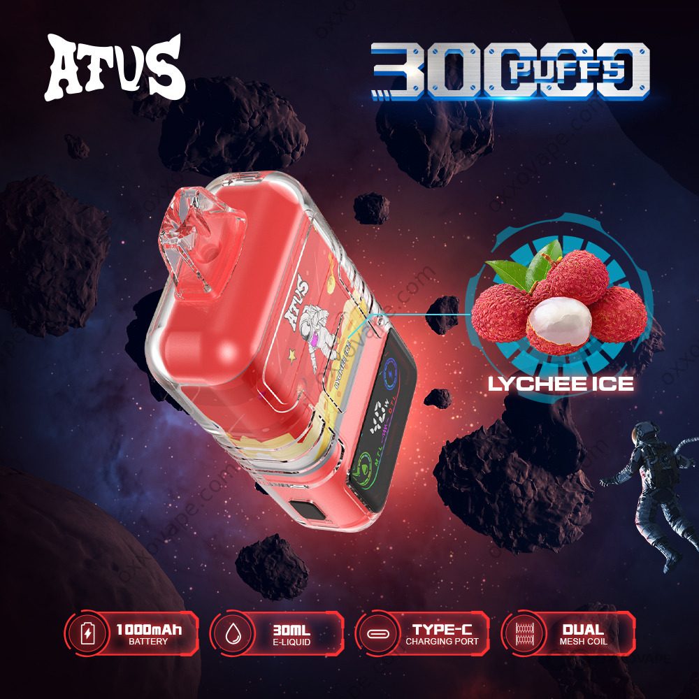 Lychee Ice flavor box for ATVS 30000 vape with pink floral lychee fruit graphics