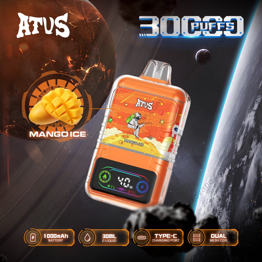 Mango Ice flavor box for ATVS 30000 disposable vape with orange mango fruit graphics