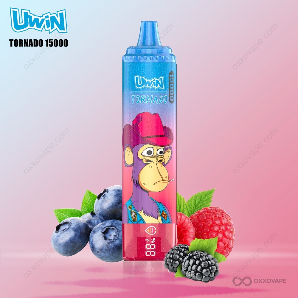 Mixed Berry flavor box for Uwin Tornado 15000 featuring strawberry, raspberry and blackberry graphics
