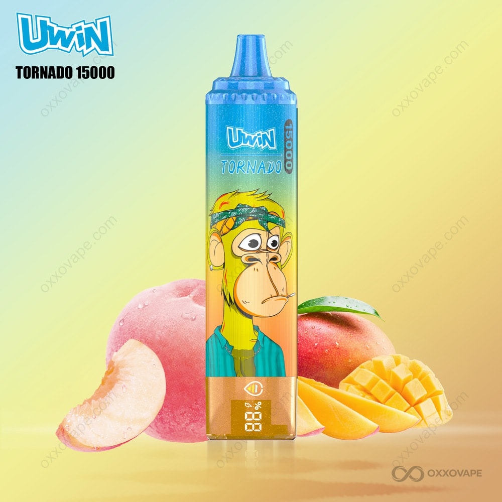 Peach Mango flavor packaging for Uwin Tornado 15000 with tropical fruit collage design