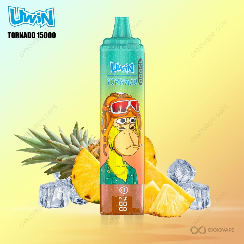 Pineapple Ice flavor box for Uwin Tornado 15000 with golden pineapple and ice crystal graphic