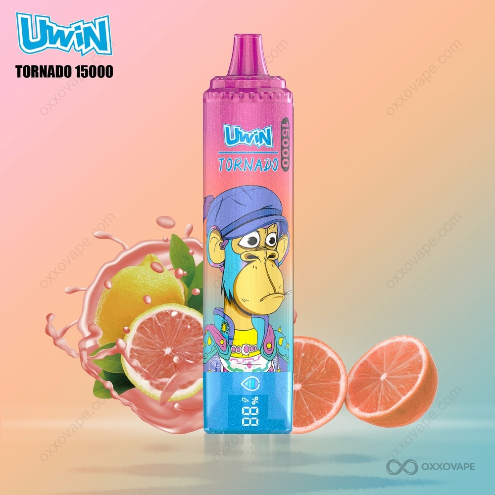 Pink Lemonade flavor packaging for Uwin Tornado 15000 with pink citrus and berry artwork