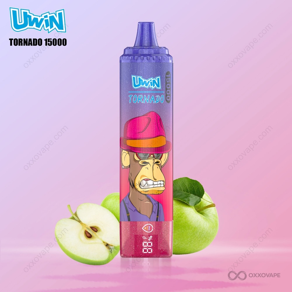 Sour Apple flavor box for Uwin Tornado 15000 with crisp green apple illustration