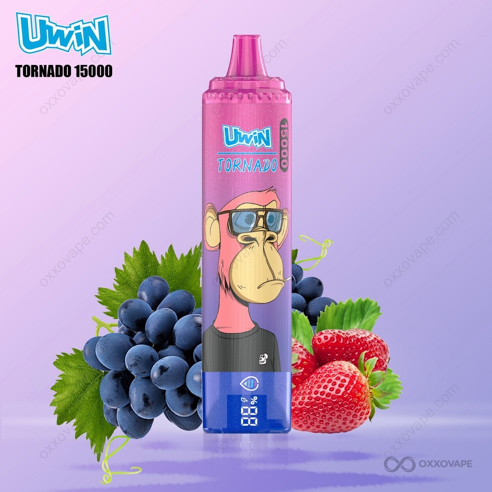 Strawberry Grape flavor packaging for Uwin Tornado 15000 with red and purple fruit duo artwork
