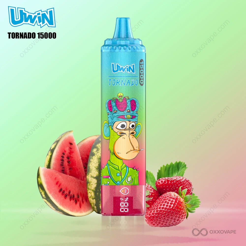 Strawberry Watermelon flavor packaging for Uwin Tornado 15000 with summer fruit collage