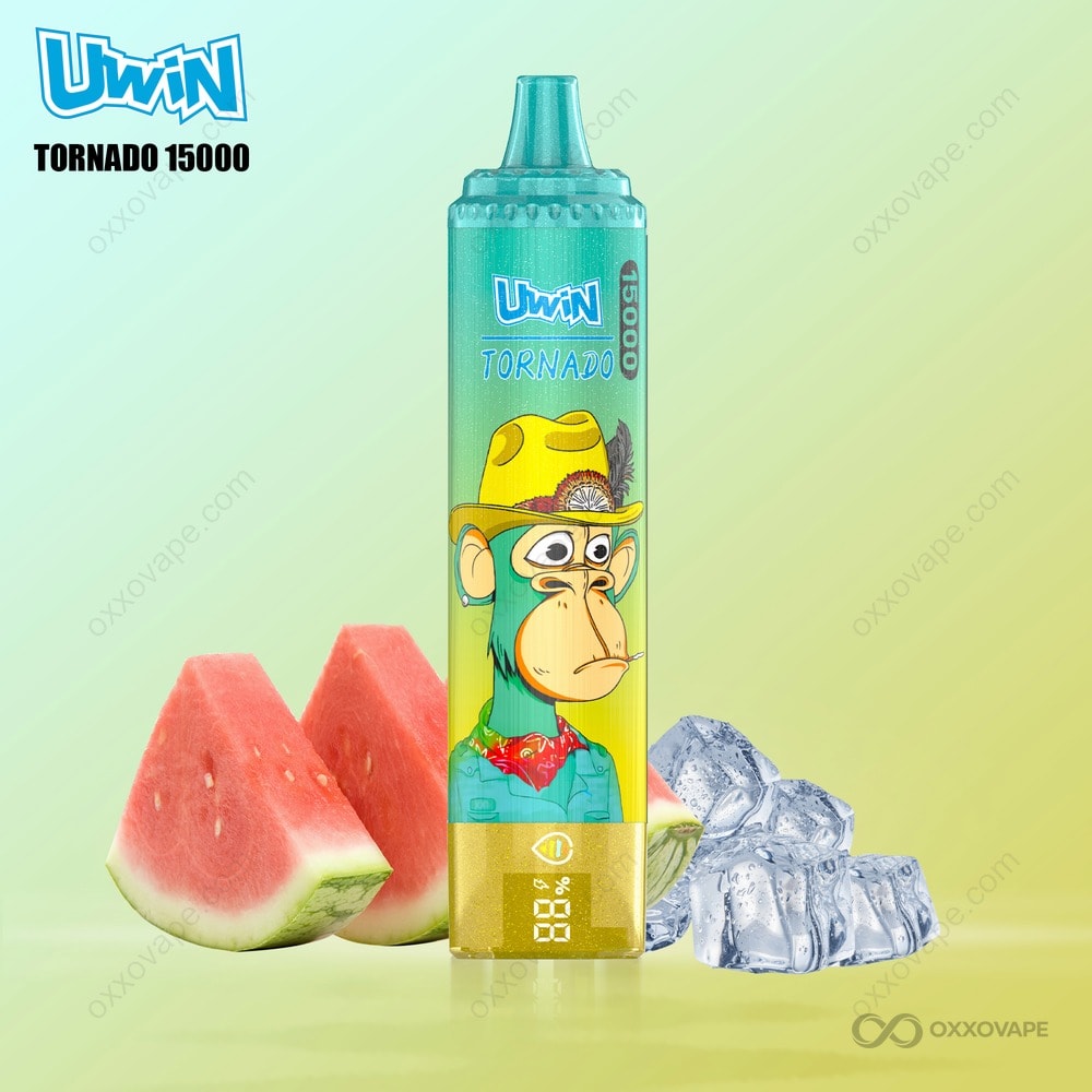 Watermelon Ice flavor packaging for Uwin Tornado 15000 with sliced watermelon and frost design