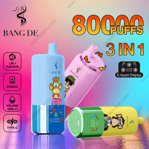 Bang DE 80000 80K Puffs Pod System with triple mesh coil and LED display showing battery and e-liquid levels