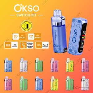 OKSO Switch Kit 50K Einweg-Vaporizer, Vorderansicht mit transparentem Tank, LED-Bildschirm und magnetischem Pod-Anschluss im schlanken Gerätegehäuse