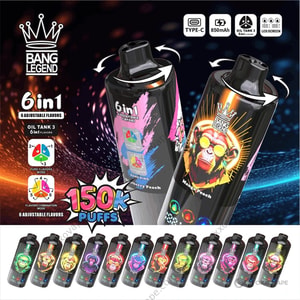 Bang Legend 150000 disposable vape front view showing LED puff counter screen and sleek metallic body