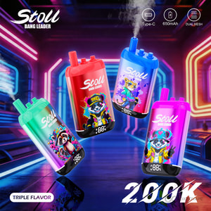 Bang Leader Stoll 200000 disposable vape standing upright showing sleek black chassis and front-facing smart LED display screen