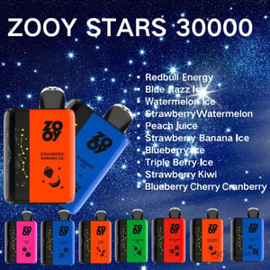 ZOOY Stars 30000 disposable vape front view showing 3D curved LED screen and rounded black body
