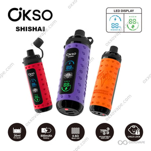 Jednorazowy e-papieros OKSO Shisha Max 40000 widoczny z przodu, czarna obudowa i podświetlany wyświetlacz baterii LED