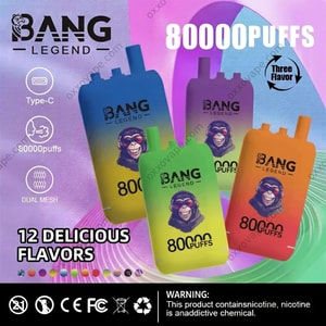 Bang Legend 80000 disposable vape front view showing black device body with digital puff display screen