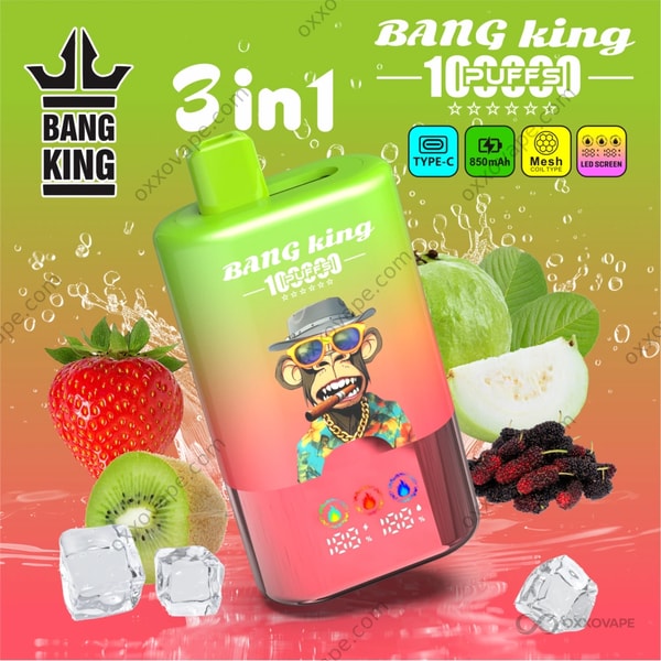 Bang King 100000 Strawberry Kiwi Guava and Black Dragon Ice triple flavor disposable vape