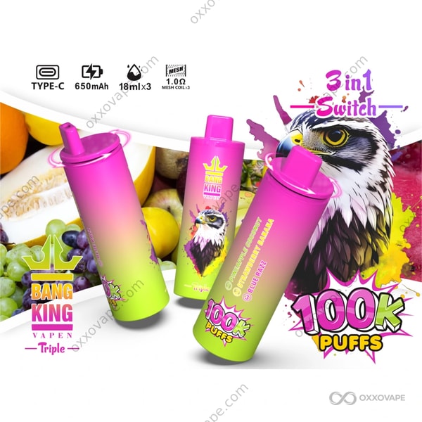 Bang King Triple 100000 Puffs Pineapple Coconut Strawberry Banana Blue Razz flavor vape