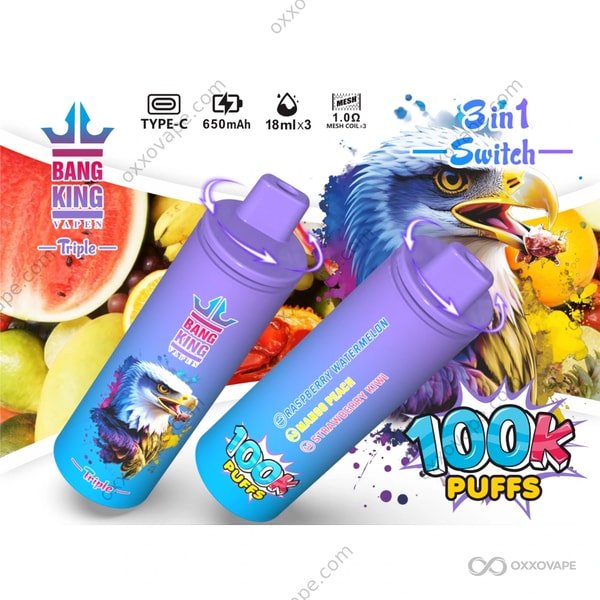 Bang King Triple 100000 Puffs Raspberry Watermelon Mango Peach Strawberry Kiwi flavor vape
