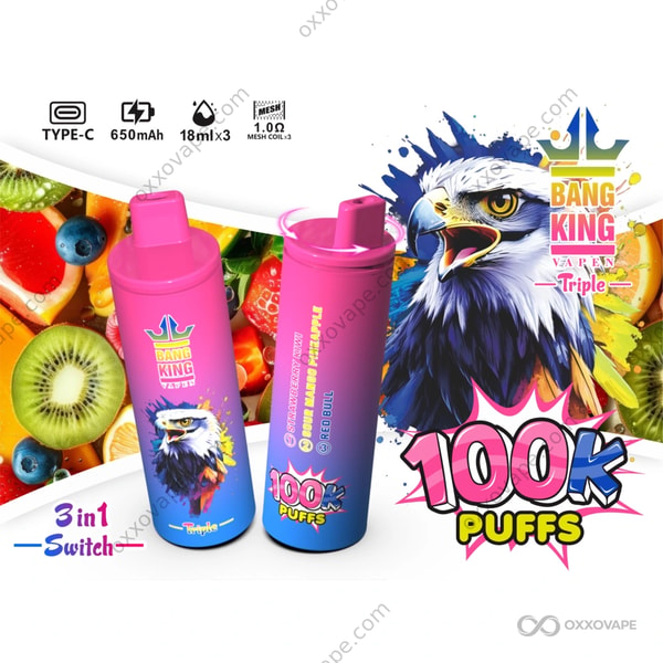 Bang King Triple 100000 Puffs Strawberry Kiwi Sour Mango Pineapple Red Bull flavor vape