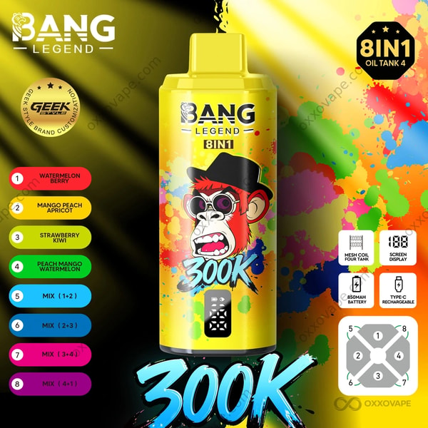 Bang Legend 300000 Puffs Wassermelone, Beere, Mango, Pfirsich, Aprikose, Erdbeere, Kiwi, Pfirsich, Mango, Wassermelonengeschmack
