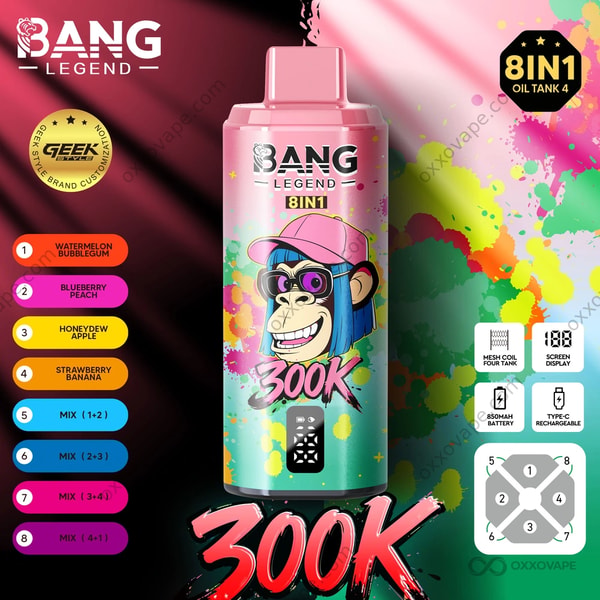 Bang Legend 300000 Puffs Wassermelonen-Kaugummi, Blaubeere, Pfirsich, Eis, Cantaloupe, Apfel, Erdbeere, Bananengeschmack