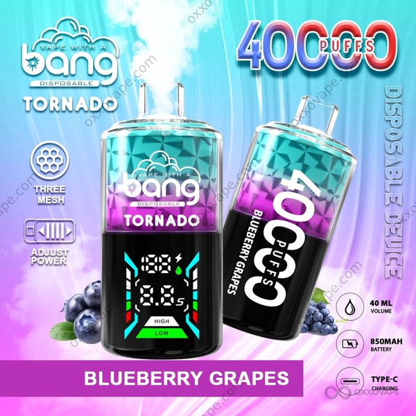 Bang Tornado 40000 Blueberry Grape flavor — deep dark berry blend disposable vape