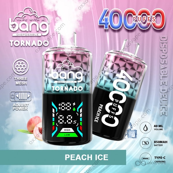 Bang Tornado 40000 Peach Ice flavor disposable vape — icy peach menthol blend
