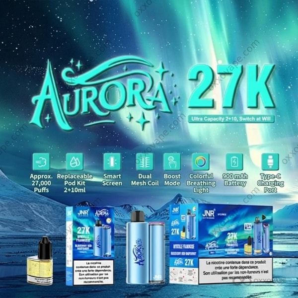 JNR Aurora 27000 Puffs 使い捨てベープのフルフレーバーラインナップ (インテリジェント LED ディスプレイ付き)