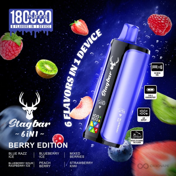 Stag Bar 180000 Berry Edition — Blue Razz Ice Glace aux myrtilles Baies mélangées Pêche Baies Fraise Kiwi