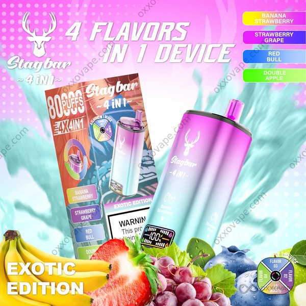 Stag Bar 80000 Banane Fraise Fraise Raisin Red Bull Double Apple Vape jetable 4 en 1