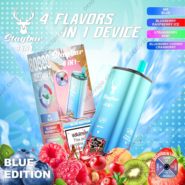 Stag Bar 80000 Mr Blue Myrtille Framboise Glace Fraise Kiwi Myrtille Cerise Canneberge Vape Jetable